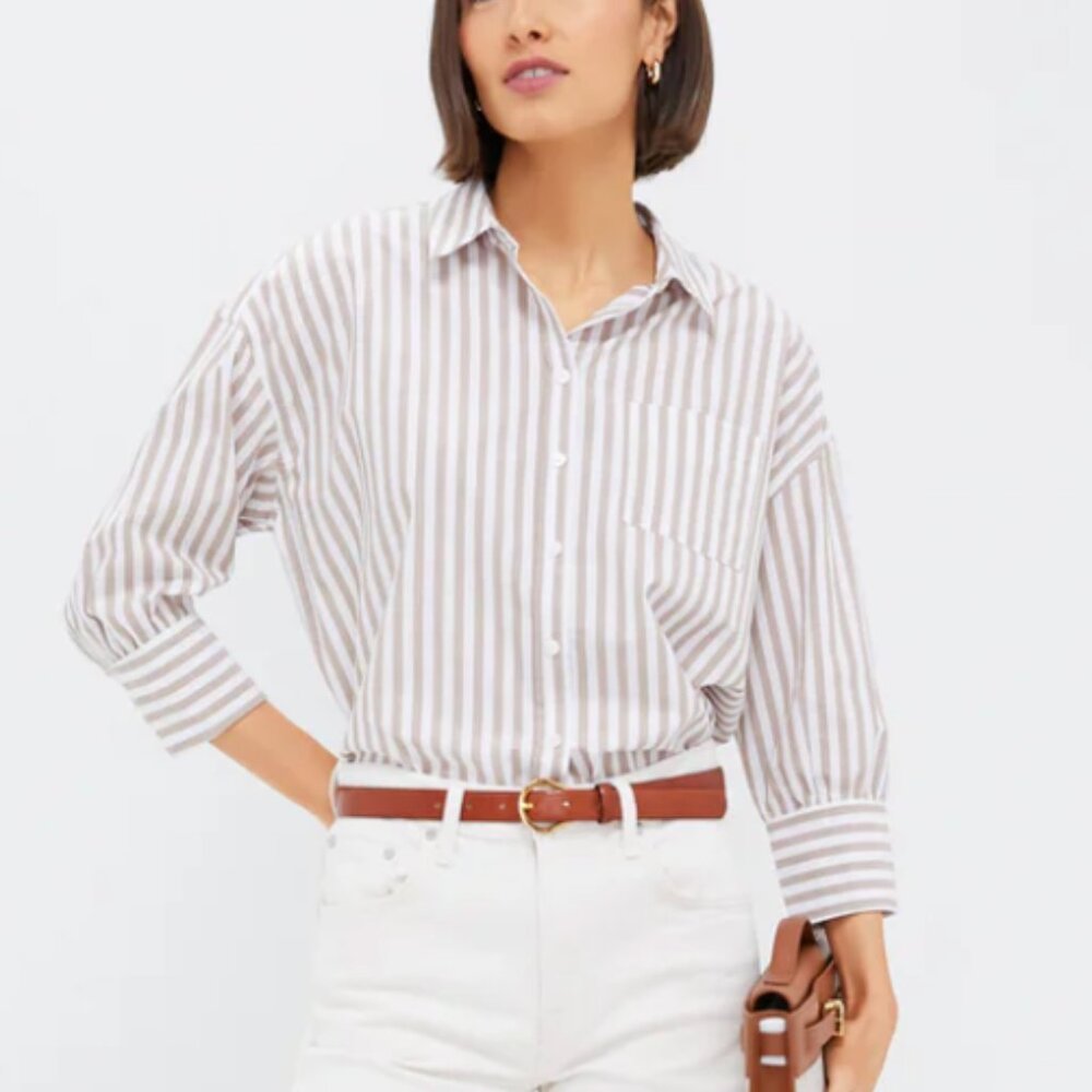 NWOT Pomander Place (Tuckernuck) Tan Stripe Adair Boyfriend Shirt - Md - Orig$98